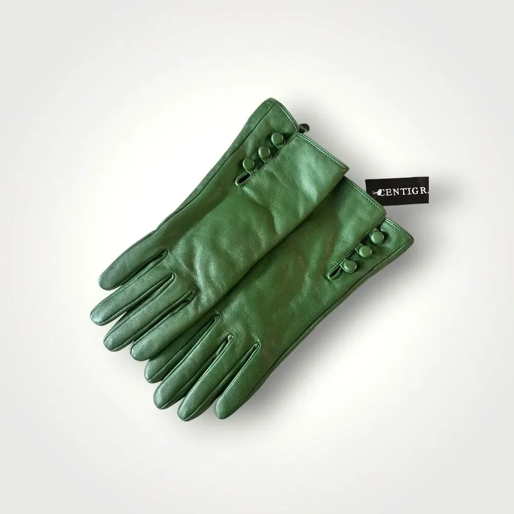 Gloves Leather Centigrade NWT Vintage Style 3 Button Detail Green Sz S Women's